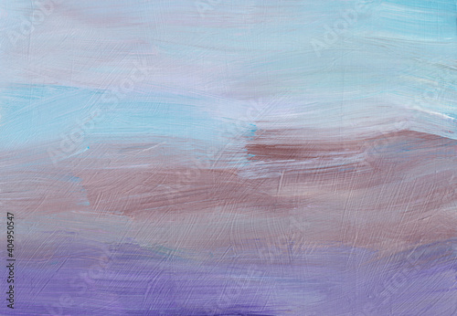 Abstract background texture. Calm blue, purple, brown, white painting. Contemporary art. Brush strokes on paper.