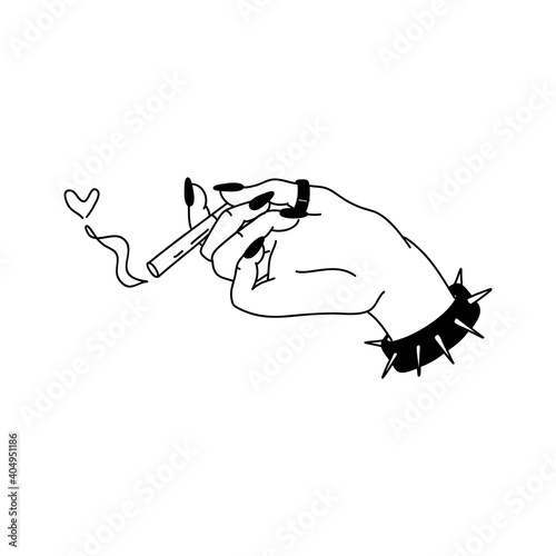 A female hand holds a cigarette. Long nails, spiked bracelet. Smoke in the shape of a heart. Valentine's day concept. Linear doodle style. Vector on isolated white background.