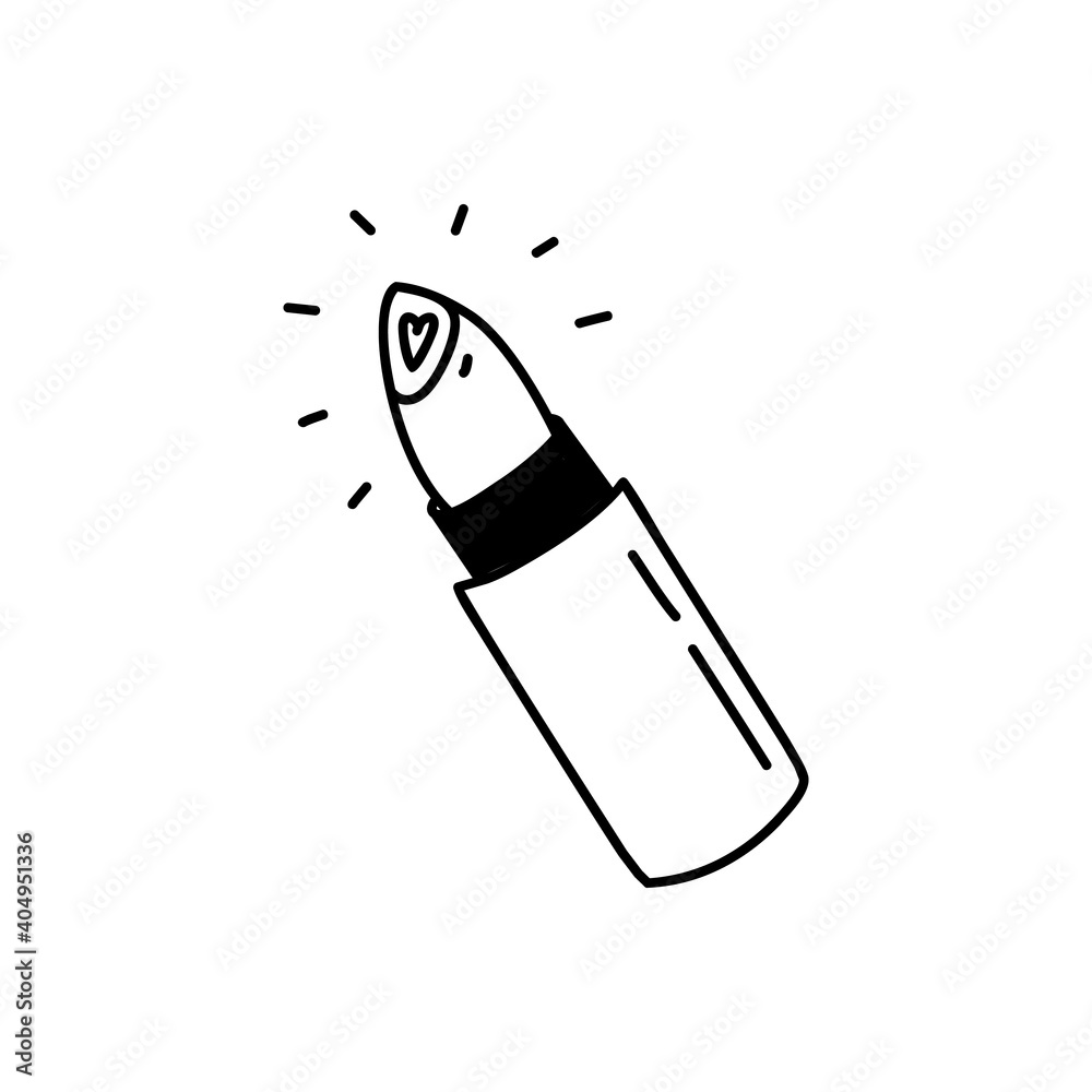 Women's cosmetic lipstick with a heart. Valentine day concept. Linear doodle style. Vector on isolated white background. For printing on cards, invitations, tattoos, fashion design.