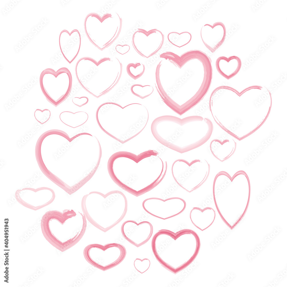 set of vector  hand drawn pink and red watercolor hearts for romantic, wedding, valentines cards, posters and invitations