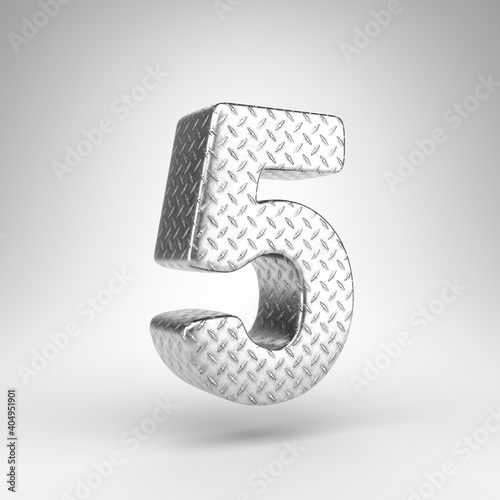 Number 5 on white background. Aluminium 3D number with checkered plate texture.
