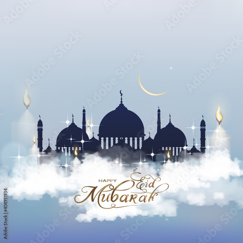 Eid Mubarak greeting card with Mosque silhouette with candle light, stars and crescent. Ramadan or ramazan kareem background with copy space for Eid ul Fitr or ul Adha. Islam, muslim religion concept
