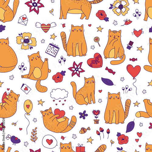 Valentine's day hand drawn seamless pattern with funny cats, sweets, toys and flowers. Vector doodle characters. Ideal for printing on textiles, wallpapers for children and wrapping paper.