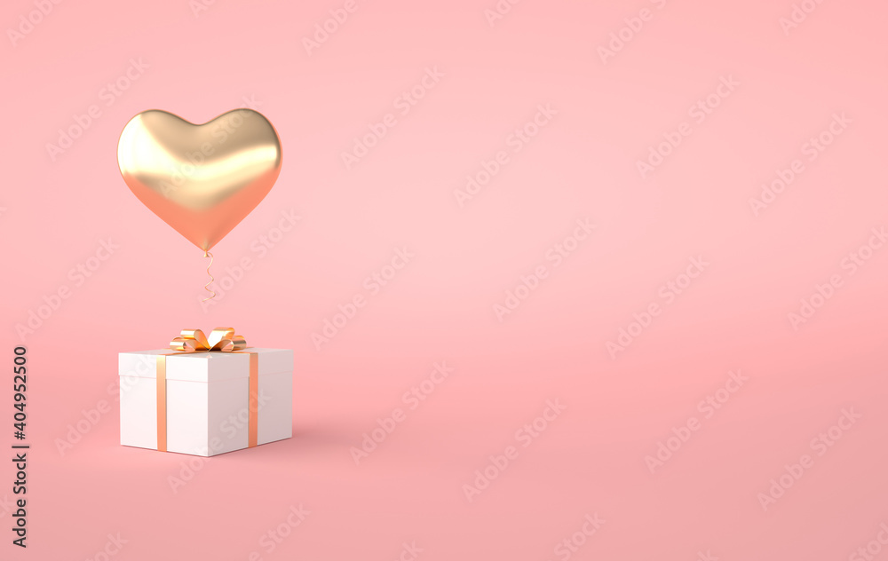 3d render illustration of gold glossy heart balloon, gift box with golden bow on pink background. Valentine's Day romantic 14 february card. Empty space for party, promotion social media banners