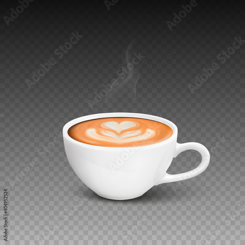 Vector 3d Realistic White Porcelain Ceramic Mug, Hot Milk Coffee, Foam, Flower, Heart Pattern and Smoke Set Isolated. Espresso, Capuccino, Latte. Stock Vector Illustration. Design Template. Front View