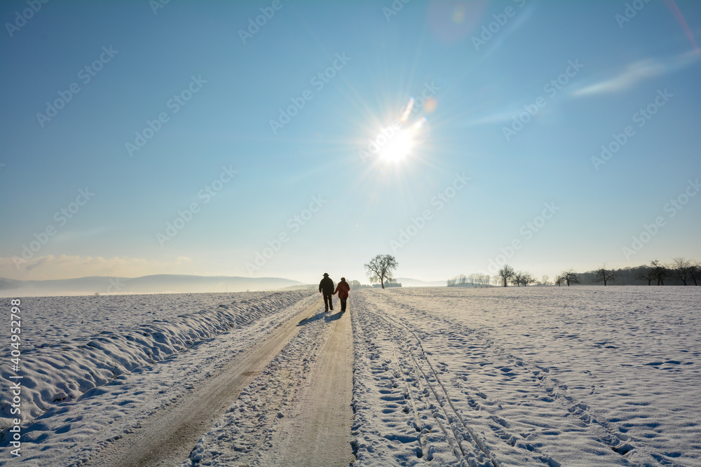 Peoples  on a snow-covered road in the countryside