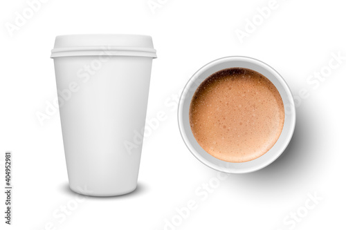 Vector 3d Realistic Paper White Disposable Cup with Milk Coffee, Foam Set Isolated. Latte, Capuccino. Stock Vector Illustration. Design Template. Top and Front View