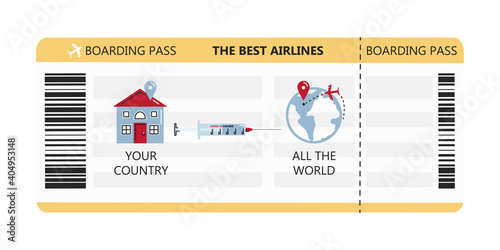 Travel concept with vaccination campaign isolated. Boarding pass for international flight in pandemic period. Put vaccine and have free movement in 2021. Human health care. Vector flat illustration