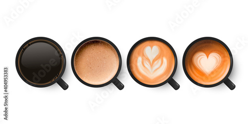 Vector 3d Realistic Ceramic Porclean Black Coffee Mug, Cup, Saucer, Milk Coffee, Foam Set Isolated. Espresso, Capuccino, Latte. Flower, Heart Pattern. Vector Illustration. Design Template. Top View