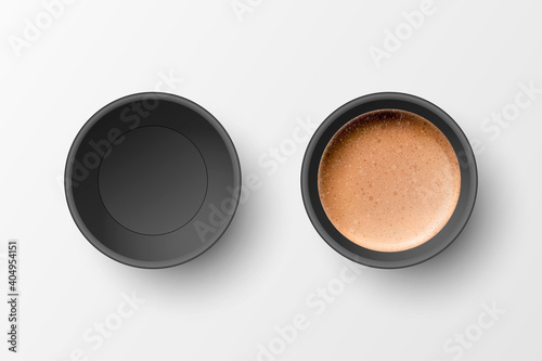 Vector 3d Realistic Paper Black Disposable Empty and with Milk Coffee, Foam, Flower, Heart Pattern Cup Set Isolated. Latte, Capuccino. Stock Vector Illustration. Design Template. Top View