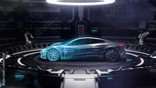 Futuristic black car in hi tech environment (3D Illustration)