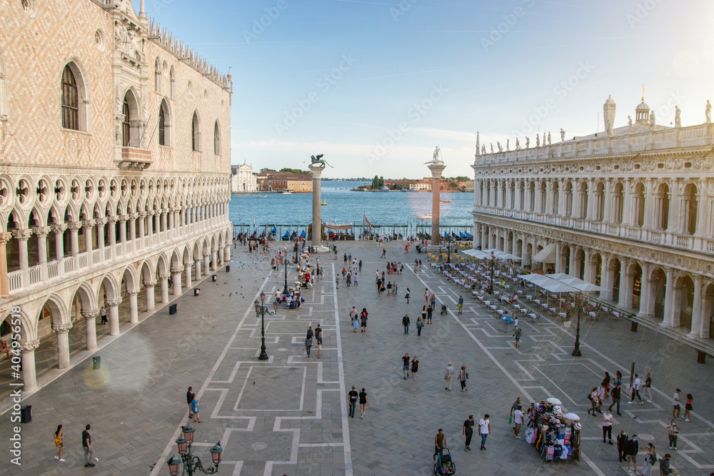 Naklejka premium San Marco square in travel Europe city Italy, Venice. Panoramic view old Italian architecture with landmark bridge, romantic boat. Venezia.