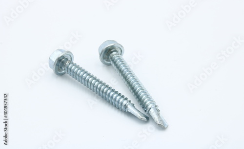 Wood screw or wood screw with drill bit on white background