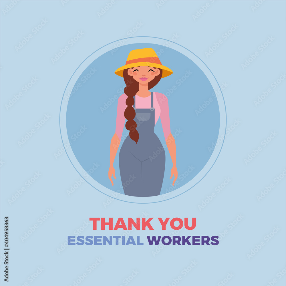 Farmer woman blue thanks essential workers logo - Vector