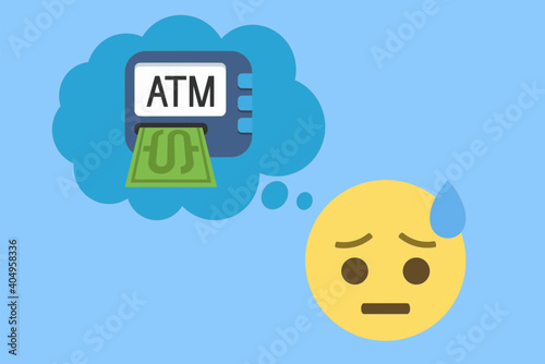 face with cold sweat emoji and thought balloon with automatic teller machine icon on blue background,swift bank,sanctions,crisis,business concept vector illustration