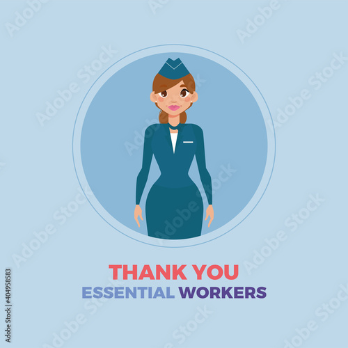 stewardess woman blue thanks essential workers logo - Vector