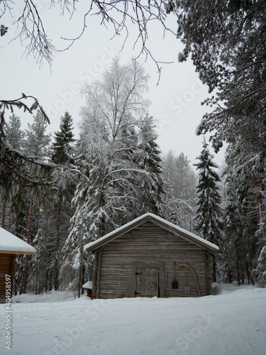 Wooden house in winter forest. Lapland house.  © Marina
