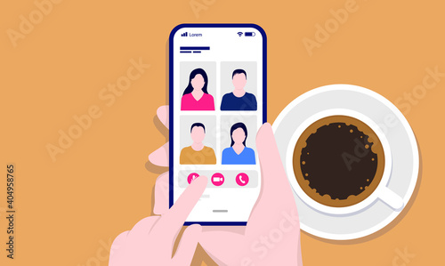 Morning remote meeting on phone - Hands holding smartphone with video chat app with a coffee cup in background. Vector illustration.