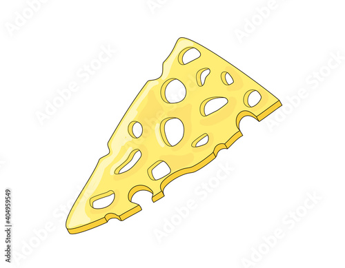 A triangular slice of yellow cheese with large holes. Stock vector illustration in cartoon style isolated on white background.