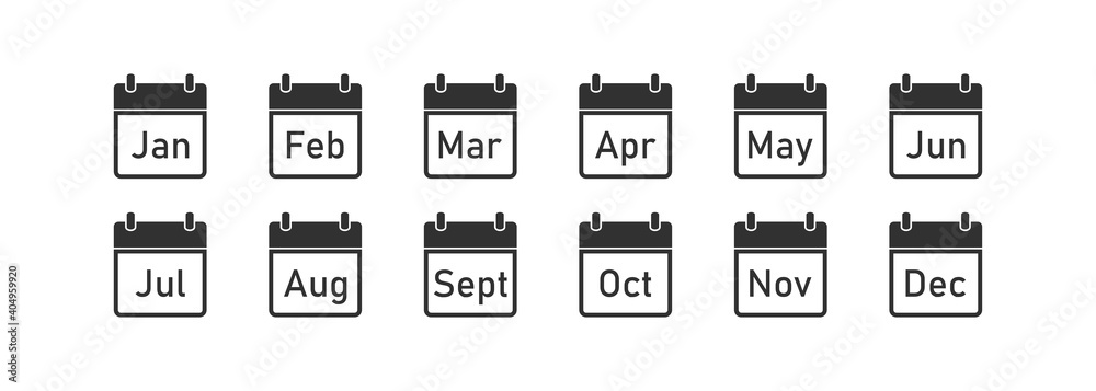 Month calendar icon set on white backdrop. Flat vector