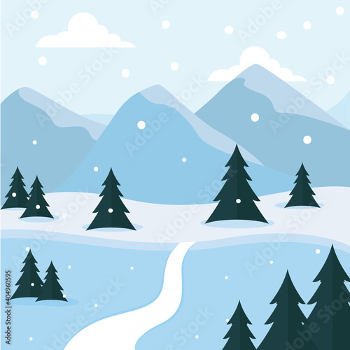 Winter landscape background. Natural scenery - Vector illustration