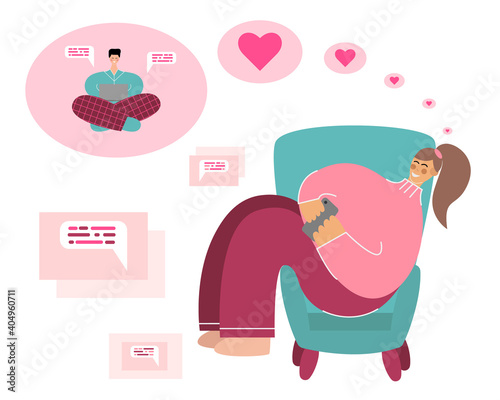 Celebrating Valentine's Day online due to global pandemic and quarantine. A girl and a boy are sitting and texting online to each other on Valentine's Day. Vector illustration for websites.