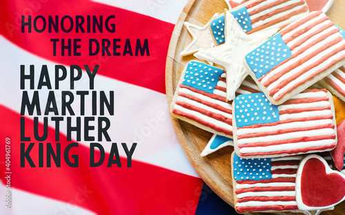 national federal holiday in USA Martin Luther King Day MLK background, homemade cookies icing like usa flag 