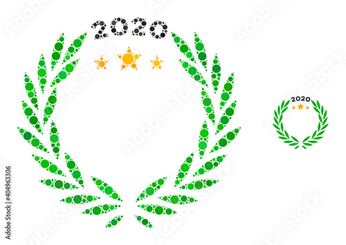 2020 laurel wreath collage of round dots in variable sizes and color tints. Vector round dots are combined into 2020 laurel wreath composition. 2020 laurel wreath isolated on a white background.