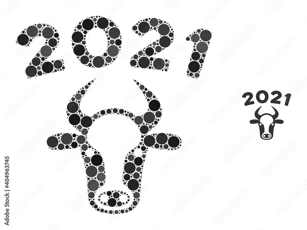2021 bull composition of dots in variable sizes and color tones. Vector dots are composed into 2021 bull collage. 2021 bull isolated on a white background. 2021 bull composition of dots in variable sizes and color tones. Vector dots are composed into 2021 bull collage. 2021 bull isolated on a white background.