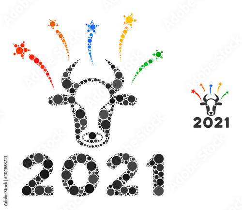 2021 bull fireworks collage of circle elements in different sizes and shades. Vector circle elements are composed into 2021 bull fireworks composition.