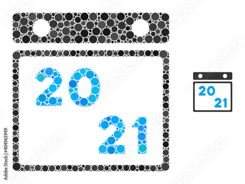 2021 calendar mosaic of round pixels in different sizes and shades. Vector round elements are combined into 2021 calendar mosaic. 2021 calendar isolated on a white background.