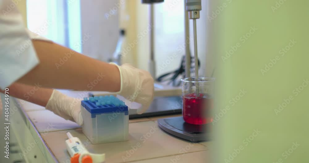 Close-up, hands of a laboratory researcher take a flask, preparation for scientific research. Conducting an experiment in the laboratory using special equipment. 4k Close-up, hands of a laboratory researcher take a flask, preparation for scientific research. Conducting an experiment in the laboratory using special equipment. 4k