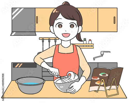 料理　かき混ぜる　女性