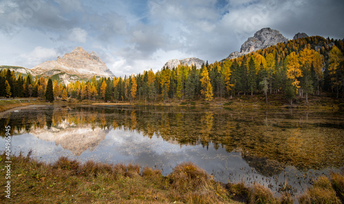 Lago di antorno lake and Tre cime di lavadero mountain reflection in autumn. Forest landscape South Tyrol Italy