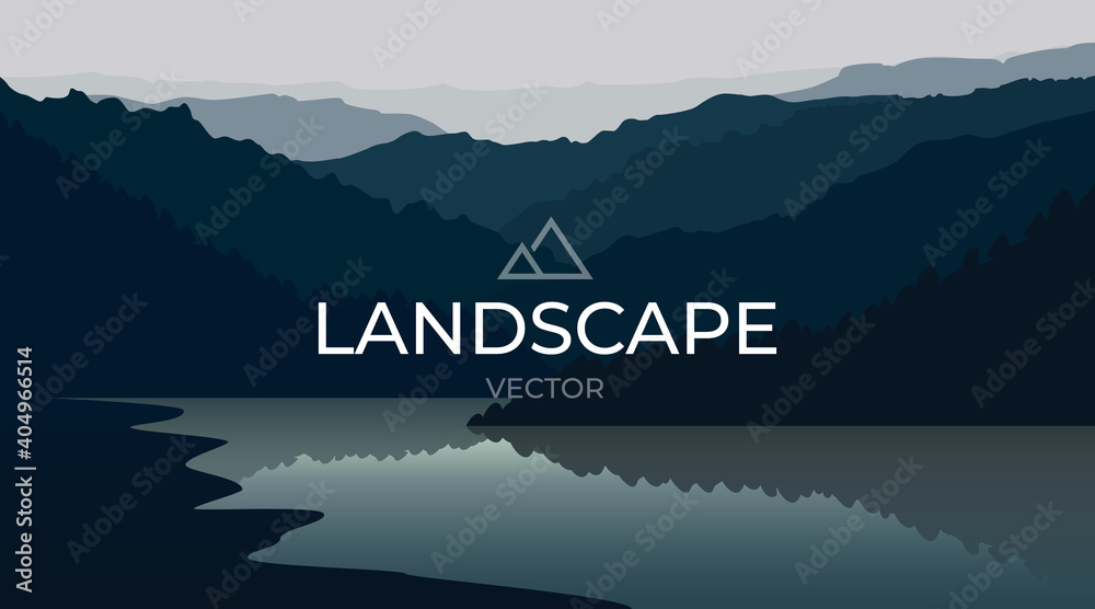 Vector landscape with silhouettes of mountains and water. Mountain lake ...