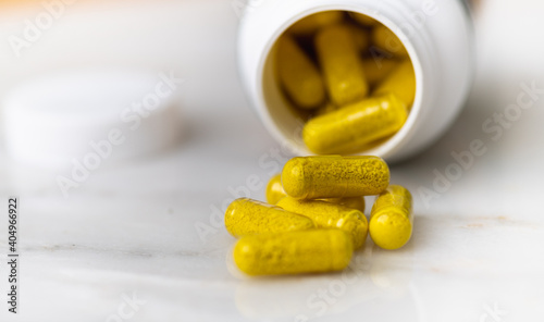 Close up of Berberine Capsules Used to Maintain Insulin Levels Naturally