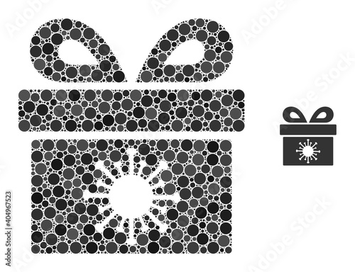 Coronavirus surprize box composition of round dots in different sizes and color tinges. Vector round dots are grouped into coronavirus surprize box mosaic. photo