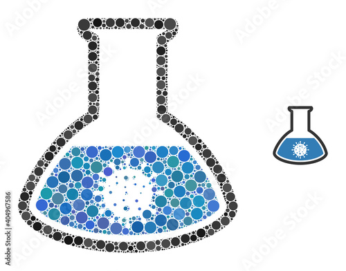 Covid analysis flask collage of circle elements in variable sizes and color tones. Vector circle elements are composed into covid analysis flask collage.