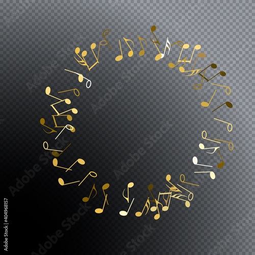 Round frame from flying musical notes. Musical symbols for banner of festival, print design, melody recording, design back layers. Colorful musical notation symphony signs, notes for sound tune music