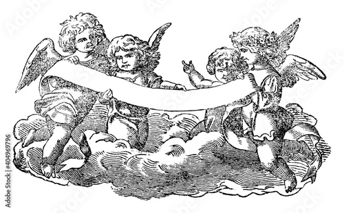 Billede på lærred Group of baby angels or cherubs is holding ornamental ribbon ready to add your text
