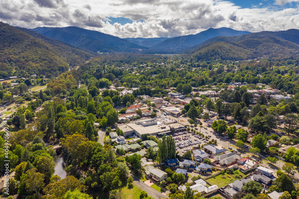 Aerial view of the beautiful town of Bright in the Victorian Alps, Australia