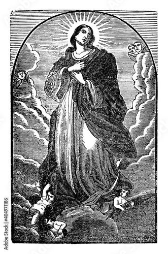 Virgin Mary or holy woman standing on sky in heaven with hands on heart. Antique vintage biblical Christian religious engraving or drawing.