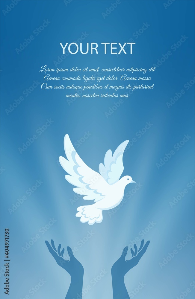 White dove flying against the blue sky. Hands are raised up and dove soaring in the rays of light. Dove is Christian religious symbol, symbol of peace and love. Vertical banner. Vector illustration