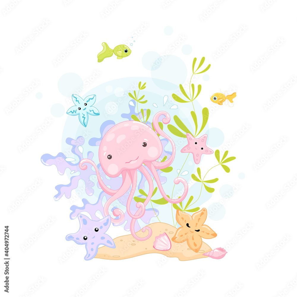 Jellyfish Vector Clip Art Illustration. Cute cartoon character. Sea life colorful background