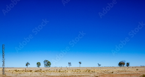 Outback Queensland landscape with blue sky and some trees with dry land. Taken near Blackall, Queensland Australia.