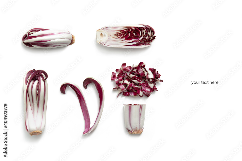 Ταπετσαρία Whole and cut Treviso red radicchio on a white wooden background