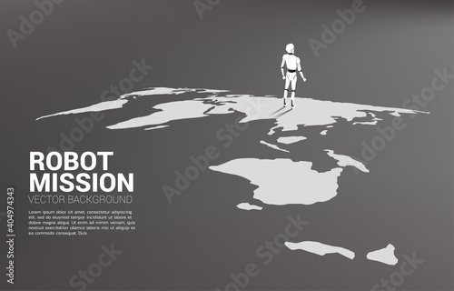 Robot standing on world map. concept of artificial intelligence and machine learning identity.