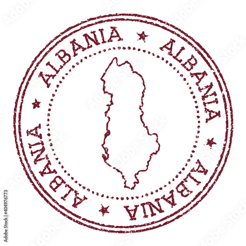 Albania round rubber stamp with country map. Vintage red passport stamp with circular text and stars, vector illustration.