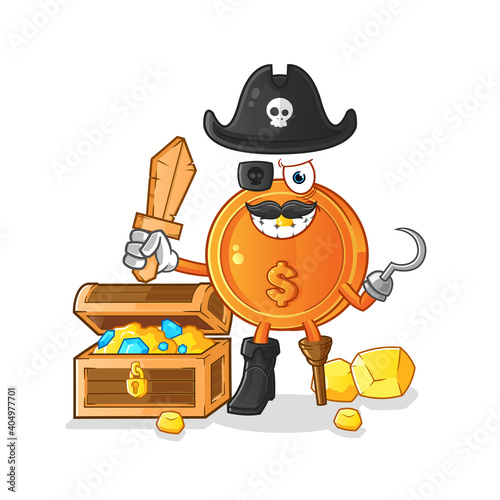 dollar coin pirate with treasure mascot. cartoon vector