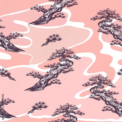 Seamless pattern with Bonsai tree on a pink background. Sketch Japanese pine. Hand-drawn pine tree. Isolated Japanese spruce. Stock illustration.